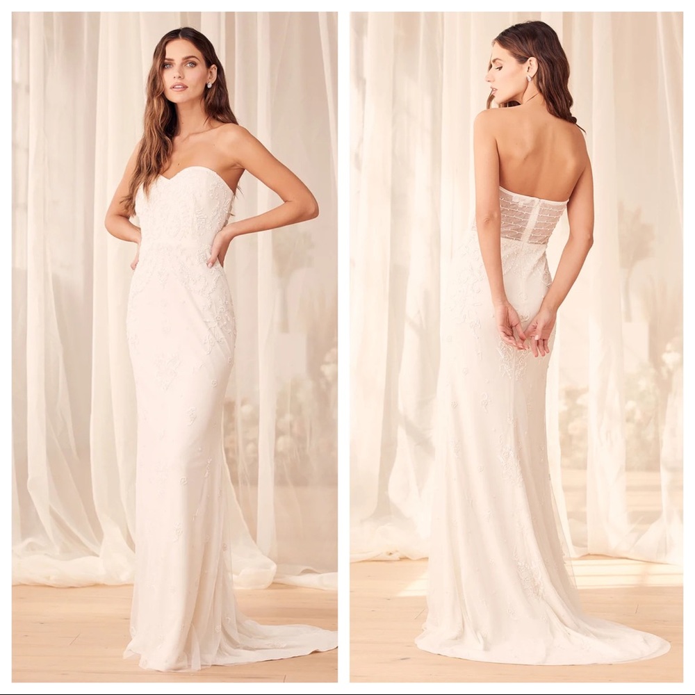 NWOT Lulus Thinking About Love White Sequin Strapless Mermaid Maxi Dress